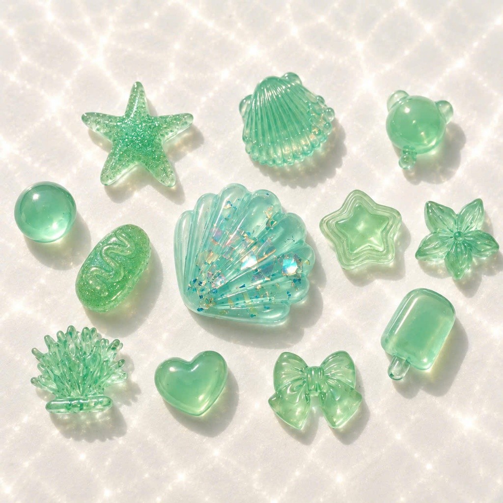 [ĐỘC QUYỀN]  Set Charm Đại Dương Xanh Ngọc Trong Suốt 12 Chi Tiết Vỏ Sò Sao Biển San Hô Gấu Nơ Trái Tim Kem Que