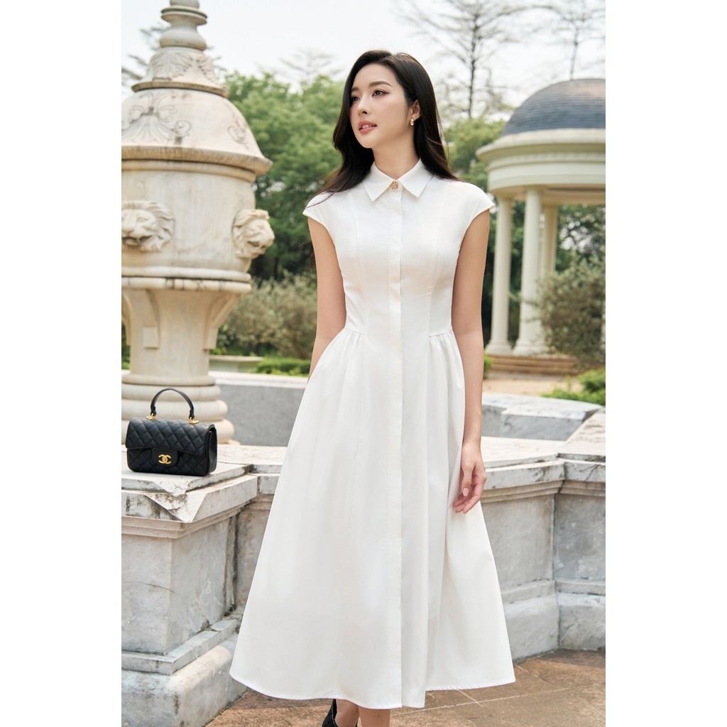 Đầm công sở ELLA DORA cổ sơ mi tay hến phối nẹp giấu cúc dáng dài hiện đại dễ mặc màu TRẮNG [D299]