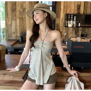 Hot Girl Style Màu sắc tương phản sọc dây yếm thời trang mùa hè Thiết kế không tay Áo khí chất