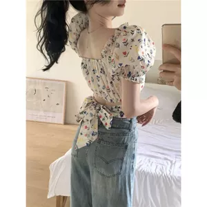 Áo sơ mi tay phồng cổ vuông ngọt ngào cổ điển dành cho nữ mùa hè Slim Short Laced-Up Tính khí hàng đầu hoa