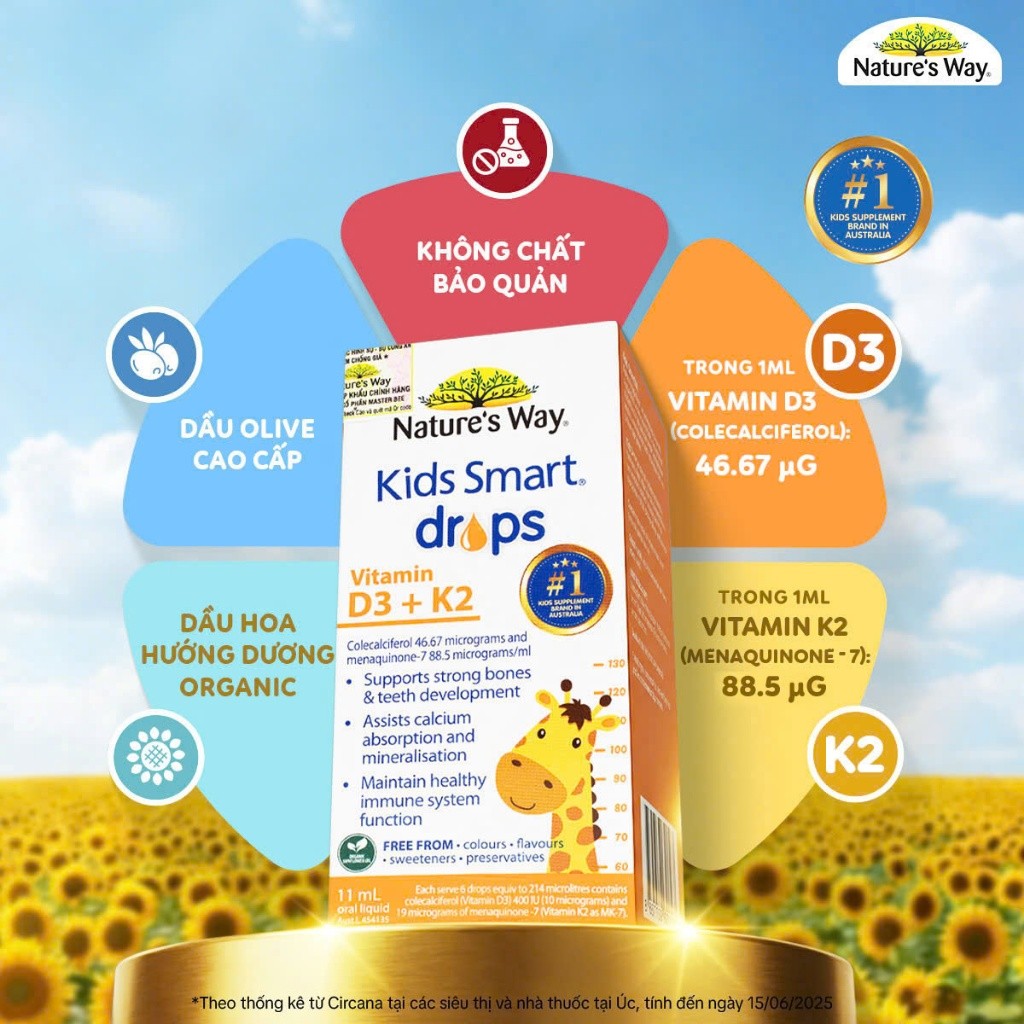 Vitamin D3K2 Nature's Way, Với Dầu Hoa Hướng Dương Organic, Giúp Bổ sung Vitamin D3, K2-MK7 Cho Trẻ Sơ Sinh Hộp 11ml