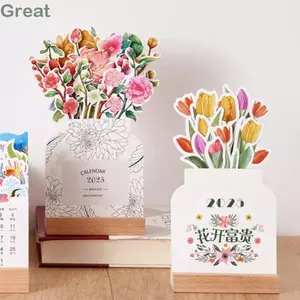 Lịch để bàn hoa nở tuyệt vời, Công cụ lập kế hoạch hàng tháng Lịch đếm ngược đế gỗ, 2025 Thẻ hàng tháng hình hoa có thể tháo rời Năm để bàn Lịch lật cho gia đình