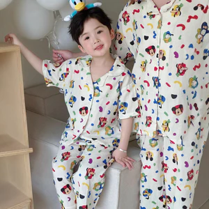 Bộ Đồ Ngủ Trẻ Em Mùa Hè Gạc Mỏng Tay Ngắn Cha Mẹ-Con Homewear