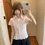Phong cách Hàn Quốc Ngọt Ngào Slim-fit Hồng Chấm Bi Ve Áo Sơ Mi Tay Ngắn Nữ Xuân Hè Phong Cách Preppy Ôm Hơn Nhìn Tích Cực