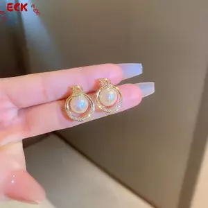 ECK Thanh Lịch Giả Ngọc Trai Zircon Bông Tai Thời Trang Đơn Giản Hình Học Bông Tai Tròn Tiệc Cưới Trang Sức Quà Tặng Cho Nữ HOT