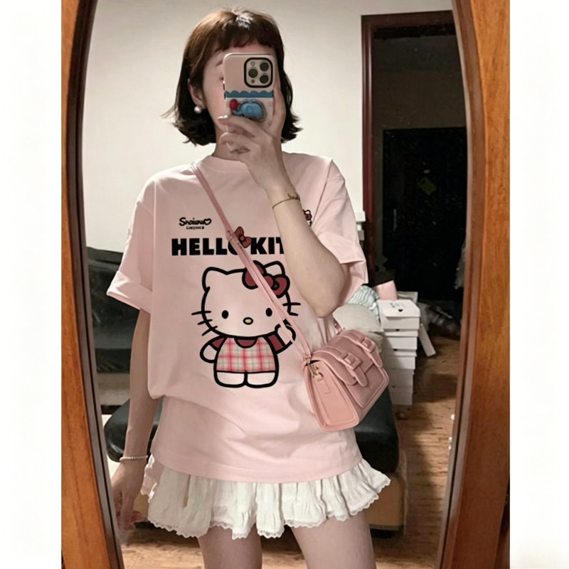 （Giao hàng 24h）Angela Áo Thun HELLO KITTY VER2 Chất Liệu Cotton 100% 2 Chiều, Cao Cấp, Co Giãn, Form Rộng Tay Lỡ