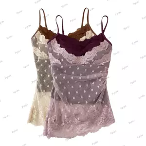 Áo hai dây nữ PYCOU, Áo ba mảnh không tay giả chấm bi, Áo ba mảnh mỏng vừa vặn thanh lịch có ren tích hợp Áo hai dây mùa hè