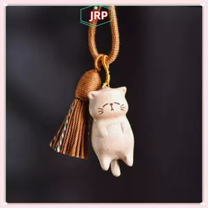 JRP Retro Gỗ Mèo Móc Khóa Tay Khắc Dễ Thương Kitty Túi Mặt Dây Chuyền Trang Trí Xe Móc Khóa Dành Cho Nữ Cặp Đôi Trang Sức Thời Trang Phụ Kiện Quà Tặng JRP