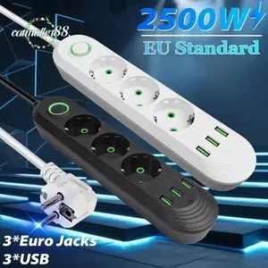 Dải nguồn CATMALLER88, Ổ cắm phích cắm EU sạc nhanh 2500W 2.1A, Tiêu chuẩn Châu Âu bền bỉ 3 cổng USB Dây nối dài 2m Ổ cắm AC Sạc thiết bị hàng ngày nhiều bất ngờ