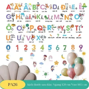 Decal dán tường bảng chữ cái tiếng việt , số, màu sắc PA25 tranh dán tường trang trí phòng ngủ cho bé trai bé gái