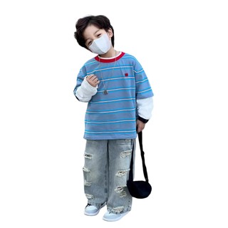 Áo thun sọc trẻ em 2025 Áo thun hai mảnh giả sọc Cotton