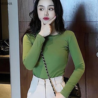 Misa Mùa Thu Nữ Màu Trơn Cổ Tròn Dài Tay Áo Sơ Mi Đáy Thường Ngày