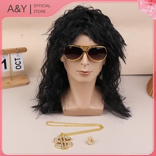 A & Y Trang phục rock'n'roll thập niên 70-80 cho nam và nữ, kèm theo tóc giả, kính mát và vòng cổ.