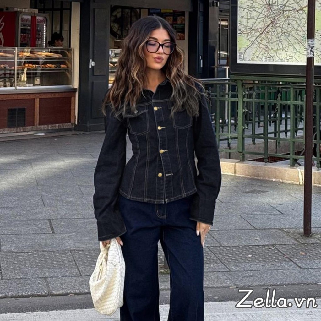 Áo Denim nữ dài tay cổ rẽ cổ áo màu trơn có túi