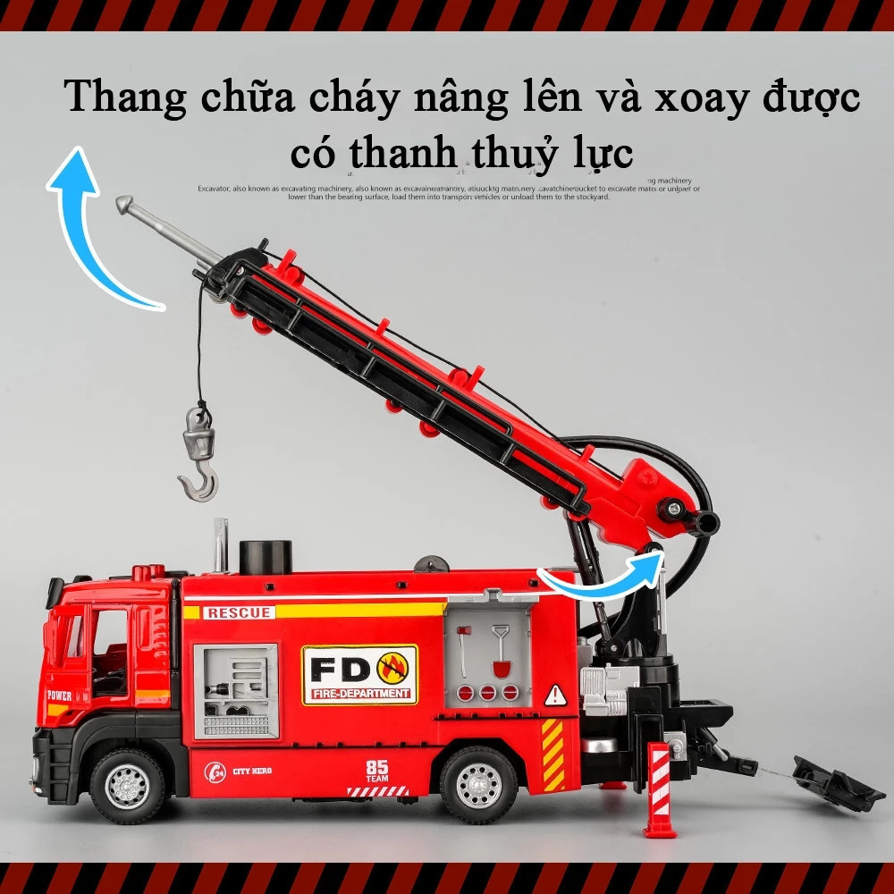Đồ chơi xe cứu hoả 3 trong 1, bằng hợp kim, phun được nước, có nhạc đèn, kèm ròng rọc và thang nâng hạ