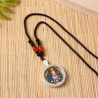 Hai mặt thangka Gawu vẽ tay Manjusri xanh với mẹ Amitabha, đựng trong hộp bạc tròn - kích cỡ 25.9cm và 30cm