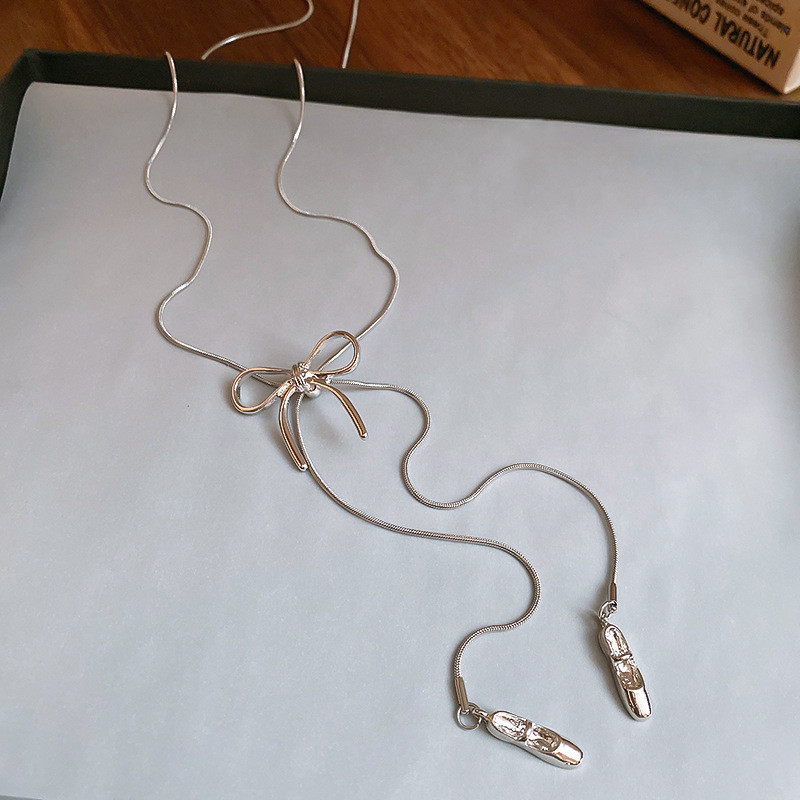 Màu Bạc Nơ & Giày Ba Lê Vòng Cổ Lariat Cho Nữ, Balletcore Dainty Tối Giản Có Thể Điều Chỉnh Tua Rua Trang Sức