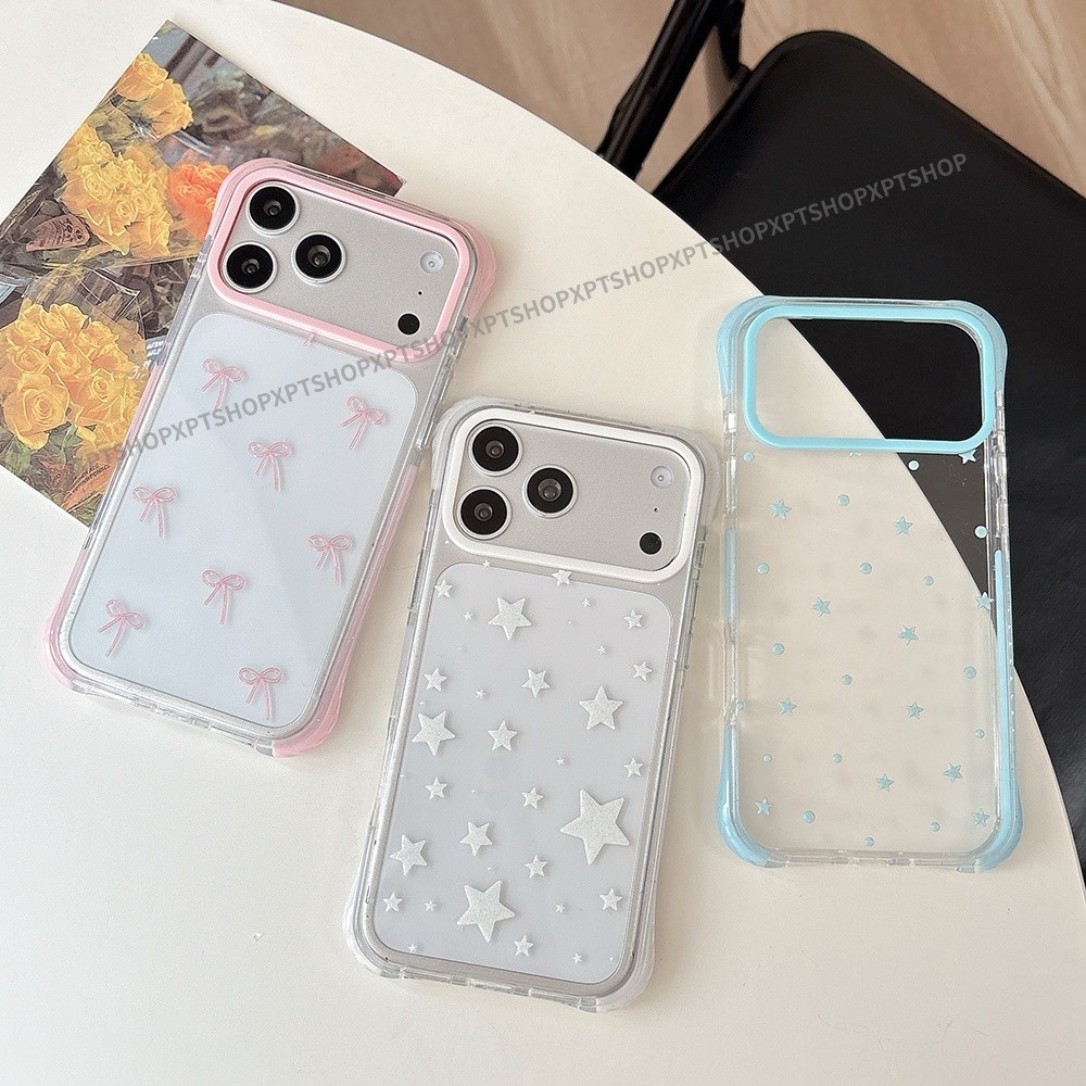 Ốp Điện Thoại Acrylic Emboss Stars Bowknot Cho iPhone 17 Pro Max 16 15 Pro Max Vỏ Bảo Vệ Bốn Góc Chống Sốc