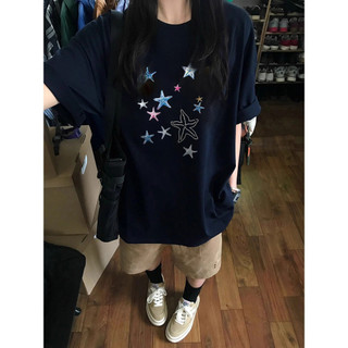 （Giao hàng 24h）Angela Áo phông nữ Xanh navy form rộng mùa hè hàn quốc style áo ngôi sao Angela local brand
