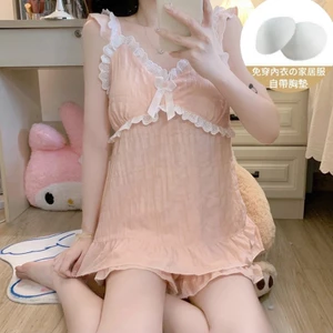 Đồ Ngủ Mùa Hè Không Tay Có Đệm Ngực Nữ Áo Ba Lỗ Cotton Đám Mây Mẫu Mới Quần Short Ren Phong Cách Công Chúa Đồ Mặc Nhà