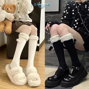 E-WOITD Cừu Len Trên Đầu Gối Sos Chân Mùa Đông Ấm Áp Dài Stoings Dễ Thương Sang Trọng Bóng Cô Gái Ống Cao Sos Màu Trơn JK Stoings E-WOITD