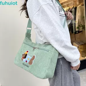 Túi đeo vai FUHUIOT Dachshund, Túi đeo chéo vải nhung thêu hoạt hình, Màu trơn đa năng Phong cách Hàn Quốc Dây kéo đóng cửa Túi xách nữ nữ