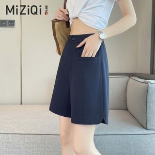 [Miziqi] Quần short ống rộng chữ a lưng cao dành cho nữ mùa hè mỏng màu xanh hải quân mỏng hơn Bộ đồ dáng rộng thông thường Quần năm điểm thẳng