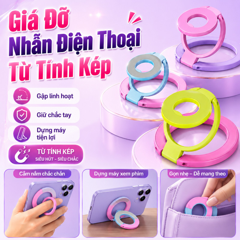 Giá Đỡ Nhẫn Điện Thoại Từ Tính Kép,Khối Màu Dopamine,Chân Đế Gập Chắc Chắn,Dùng cho iPhone và Android