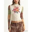 MAPLEPOET-Áo lưới Sheer hàng đầu chắp vá dài tay cổ áo in hoa Slim Fit cho hàng ngày