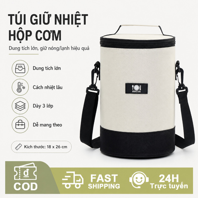 Túi giữ nhiệt hộp cơm văn phòng 3 lớp dày dặn, chống nước chống xước, có quai xách tiện lợi, giữ cơm nóng suốt ngày