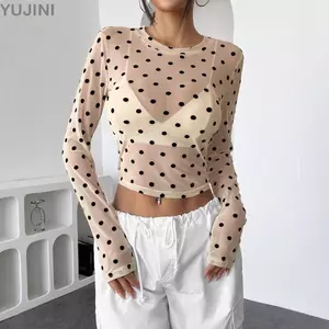 YUJUNI Nhìn xuyên thấu, Áo thun dài tay chấm bi thời trang, Vải mỏng cổ tròn gợi cảm Slim Fit Top mùa hè