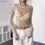 YUJUNI Nhìn xuyên thấu, Áo thun dài tay chấm bi thời trang, Vải mỏng cổ tròn gợi cảm Slim Fit Top mùa hè