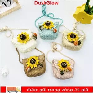 Túi đeo vai bằng rơm DUSKGLOW, Ví đựng tiền xu thủ công Túi cói nữ, Túi Messenger đáng yêu hoa dễ thương