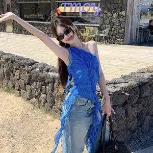TMOY Không Đều Màu Xanh Chấm Bi Nữ Mùa Hè Xù Viền Không Tay Áo Thiết Kế Áo Thun TMOY