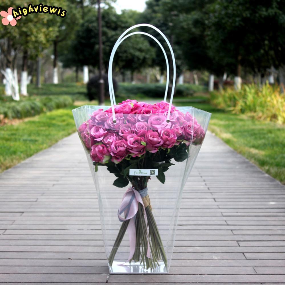 Túi đựng hoa HIGHVIEWLS, trong suốt có tay cầm Hộp đóng gói quà tặng hoa, Túi đựng đồ chống nước bằng nhựa chất lượng cao