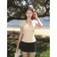 Mùa hè Phong cách mới Ren cổ chữ v chính hãng Áo thun ngắn tay nữ Hot Girl Design Sense Slim-Fit Fishb