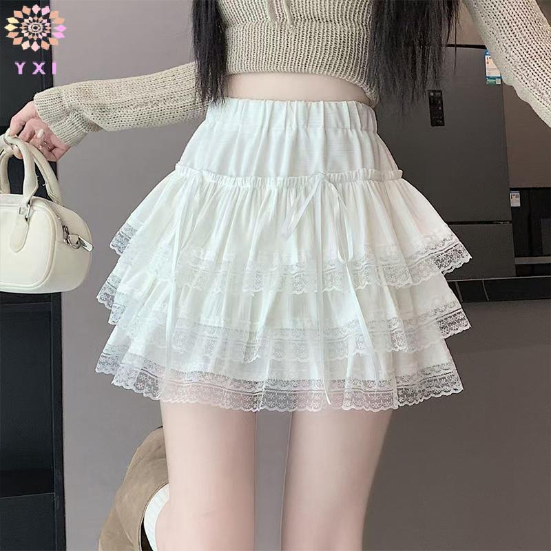 Y.X.I Pháp Bướm Thắt Lưng Cao Nửa Váy Nữ Ren Nối Váy Co Giãn Cho Mùa Xuân Hè Mới