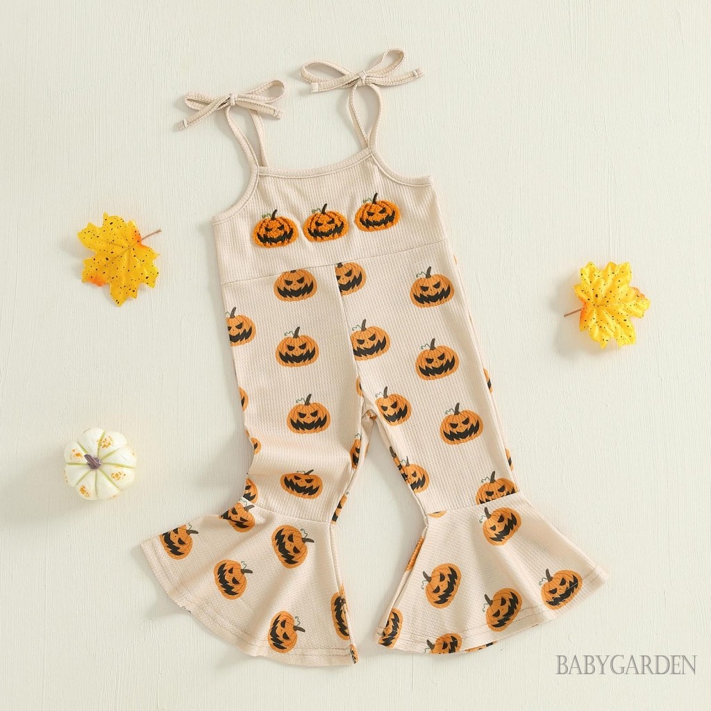 Bộ áo liền quần Halloween cho bé gái không tay Dây buộc in hình bí ngô