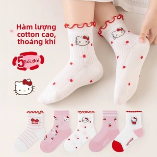 Bộ tất cotton mỏng thoáng khí Hello Kitty cho bé gái – Vớ lưới trung cổ viền hoa dễ thương 5 đôi