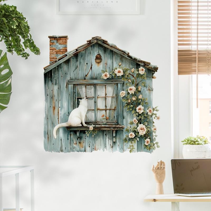 Dán Tường Mèo Windowsill - Hoa Hồng & Đề Can Cửa Sổ Giả Cho Phòng Khách Sofa Nền Tường & Trang Trí Phòng Trẻ Em