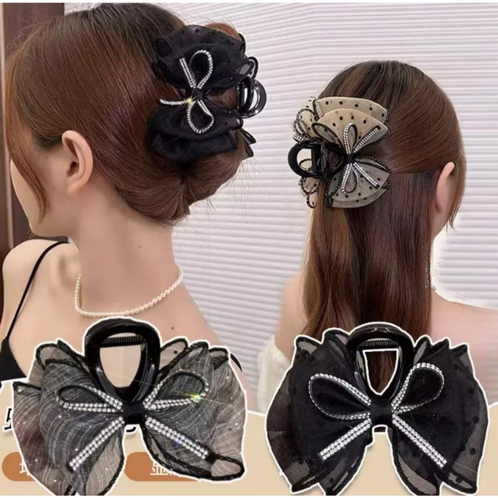 Kẹp tóc chấm bi đính đá Cặp tóc hình nơ càng cua tiểu thư Hàn quốc thanh lịch