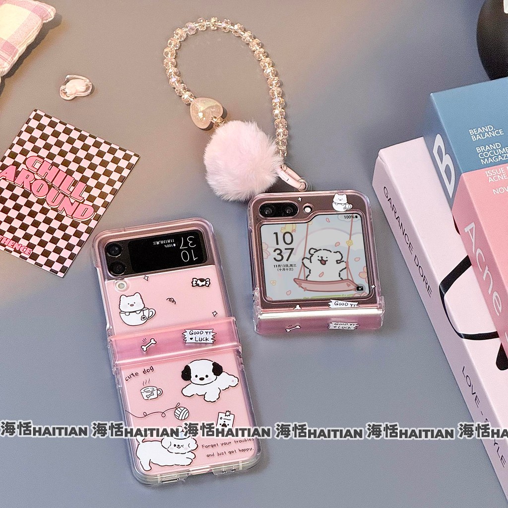 Thích Hợp Cho Samsung Galaxy Zflip7 Hoạt Hình Dễ Thương Chó Hồng Sang Trọng Dây Buộc Ốp Lưng Điện Thoại Gấp Cho ZFlip 6 5 4 3 5G N3Flip MixFlip 2 Vỏ Bảo Vệ Cứng