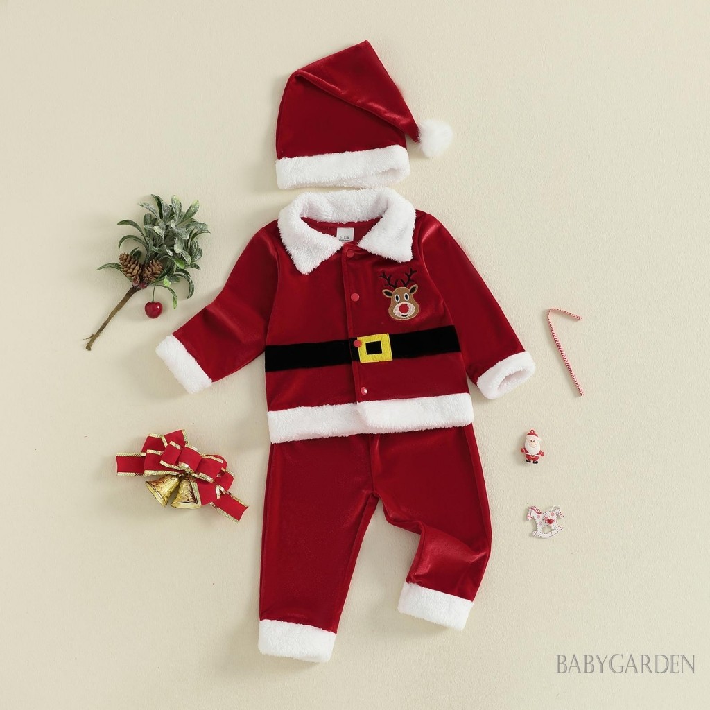 Tập Đi Bé Gái Bé Trai Bộ Giáng Sinh Tay Dài Ve Áo Nút Xuống Áo + Quần Eo Co Giãn Trang Phục Ông Già Noel