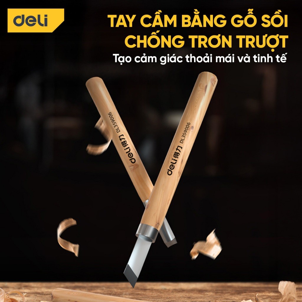 Bộ dao khắc cán gỗ Deli Cao Cấp - Lưỡi SK2 sắc bén - Khắc gỗ, hoa quả, thạch cao, giấy