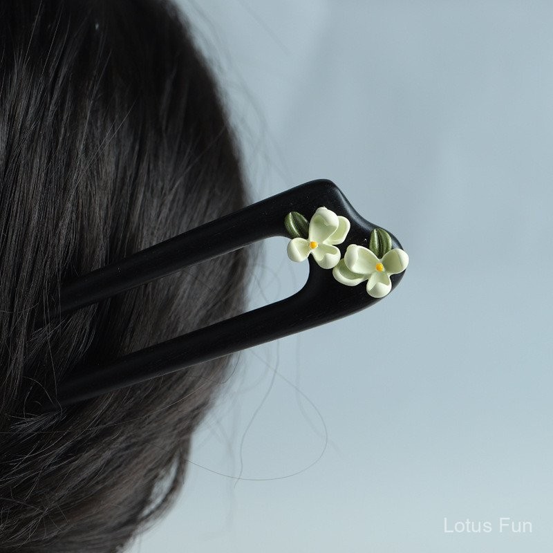 Kẹp tóc đôi Gardenia - Gỗ đàn hương hình chữ U, Style handmade và phong cách Trung Quốc hiện đại, phụ kiện tóc cổ điển