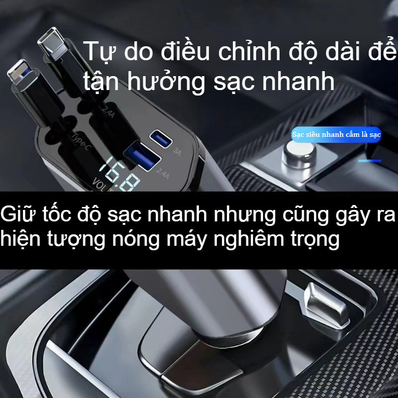 Tẩu Sạc Nhanh ô tô 120W 4-in-1, Bộ sạc xe hơi, màn hình LED thông minh, USB Type-C