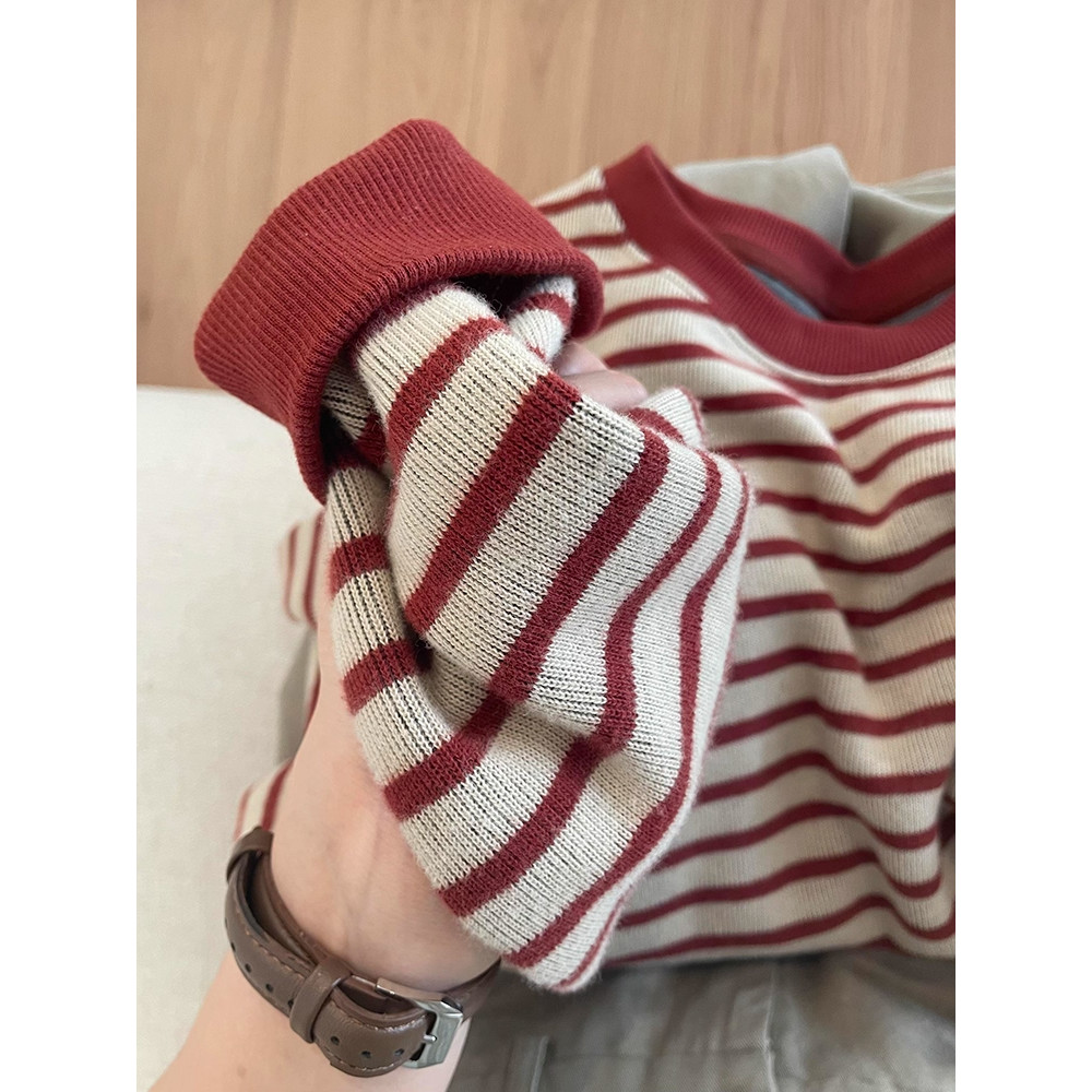 SUXI Áo nỉ dệt kim dài tay sọc cổ điển mùa thu mới 250929