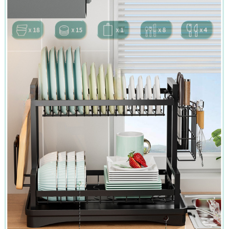 Kệ Đựng Bát Đĩa 2 Tầng - Khung Thép Carbon Bền, Khay Hứng Nước & Ống Thoát, Tiết Kiệm Diện Tích