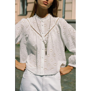 Áo Sơ mi Zara made in Morocco thêu đột rỗng cổ tròn bèo màu nhẹ nhàng