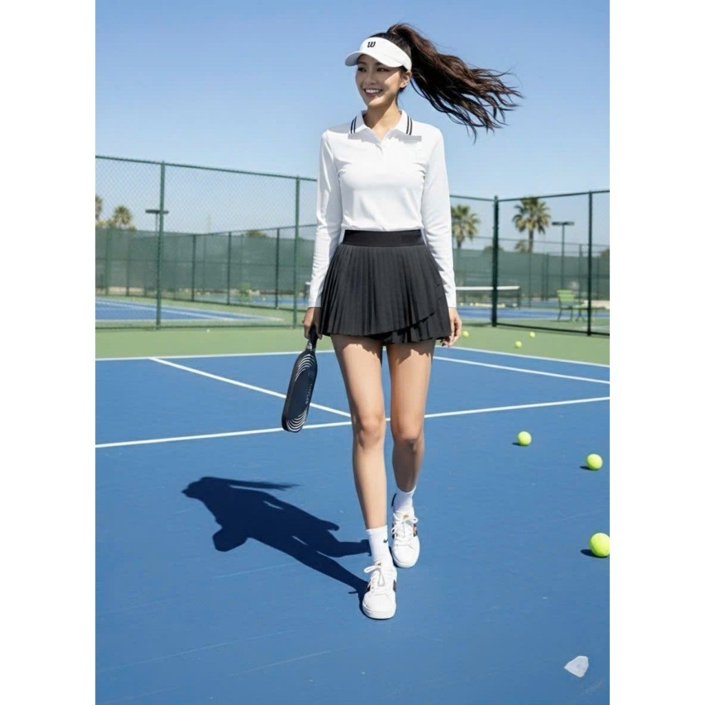 [PICKLEBALL] Bộ thể thao nữ, Áo dài tay mix váy xếp ly chơi pick, Golf, Tennis, Pickleball, cầu lông...
